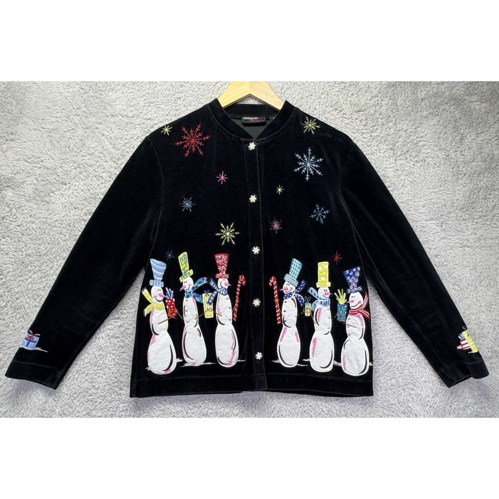 Onque Casuals Womens S Black Velvet Christmas Top Embroidered Snowman Holiday